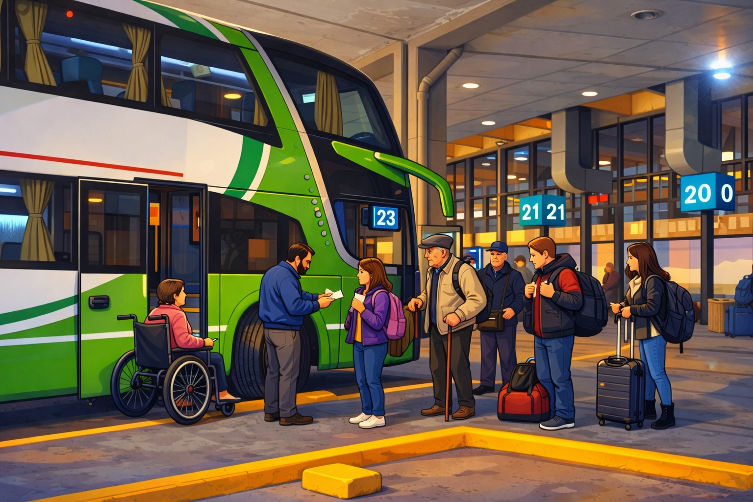 Ilustración de micros en espera en las dársenas de la terminal